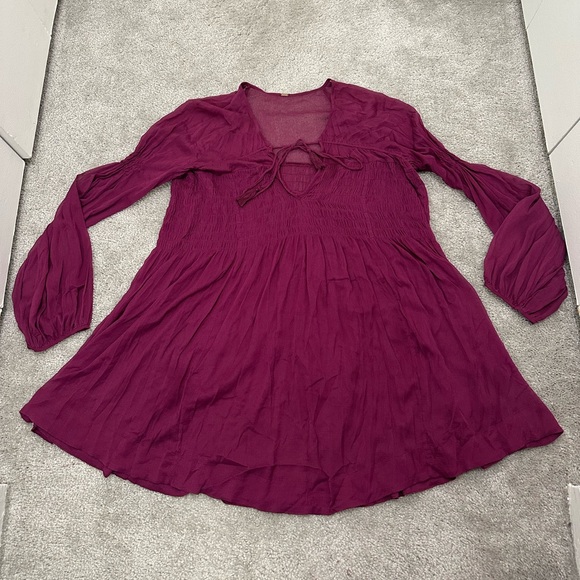Free People Sheer Long Sleeve Boho Top or Dress in Plum Size Small-Large (FLAWS) - Picture 2 of 9